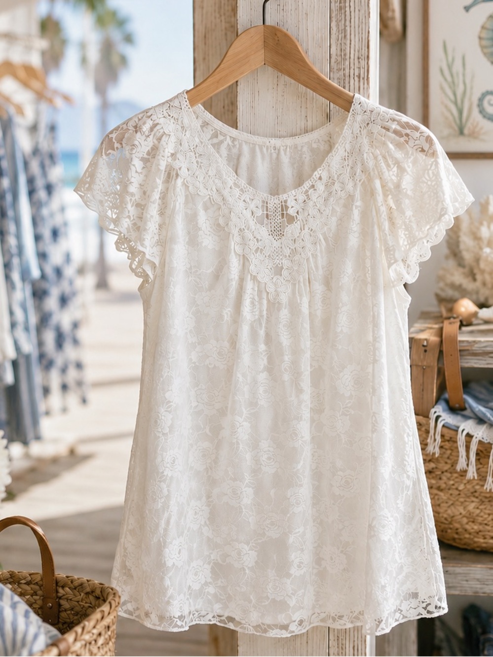 Ivory Lace Flutter Sleeve Tunic (lined) size XL